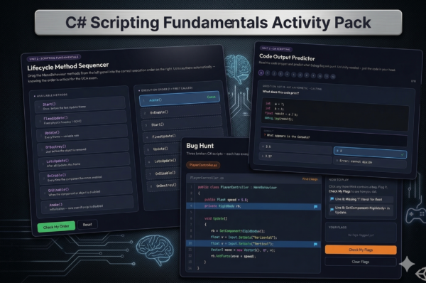 Unity C# Scripting Fundamentals — Interactive Activity Pack (3 ...